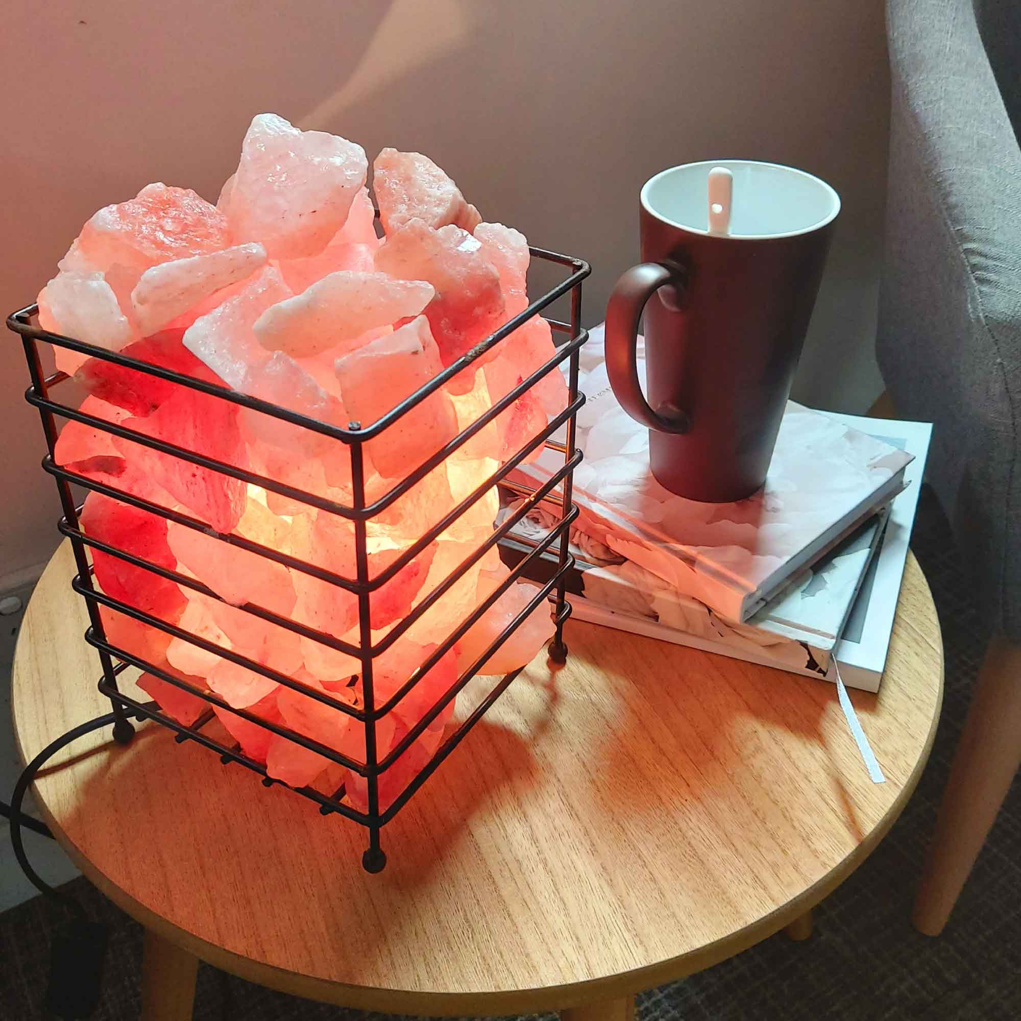 12V 12W Rectangle Iron Basket Himalayan Pink Salt Lamp Rock Crystal Bulb On/Off